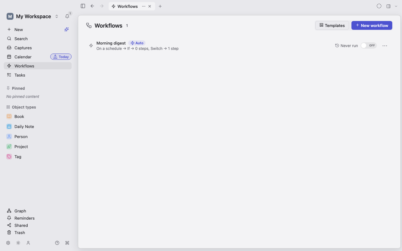 The Lar Workflows destination showing its list and creation actions.