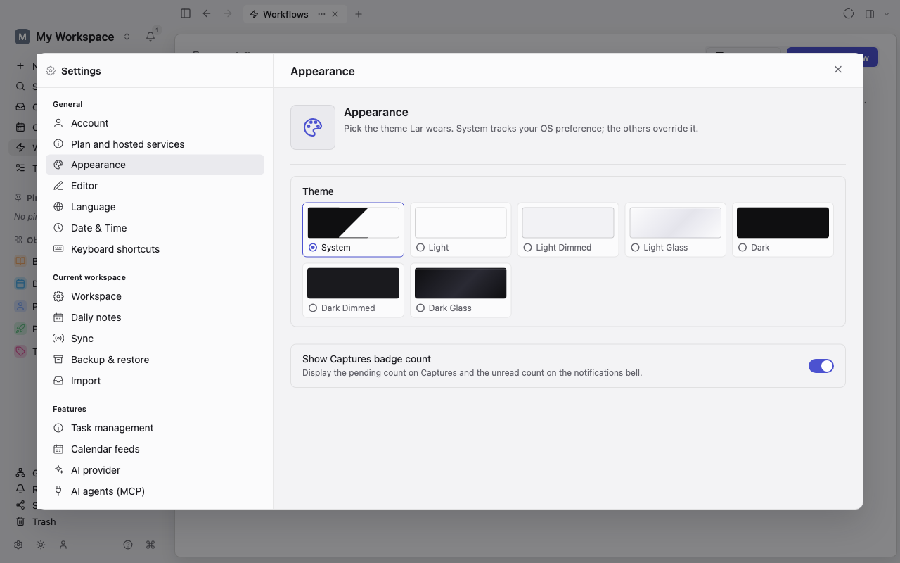 The real Lar Settings window showing grouped navigation and Appearance controls.